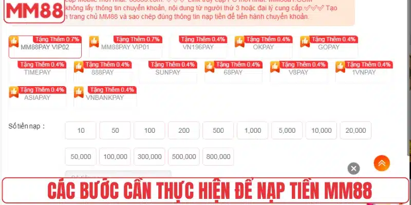 Các bước cần thực hiện để nạp tiền MM88