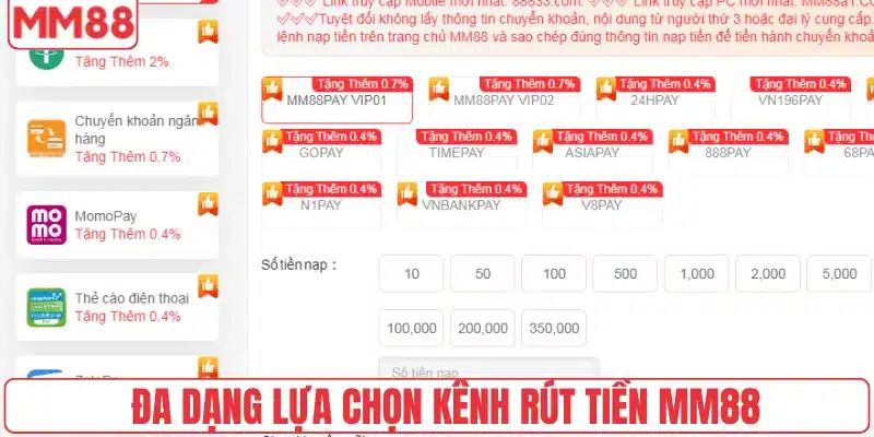 Đa dạng lựa chọn kênh rút tiền MM88